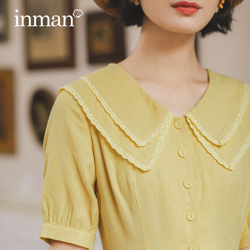 茵曼旗舰店娃娃领短袖连衣裙女2020夏装新款日系甜美中长款裙子潮