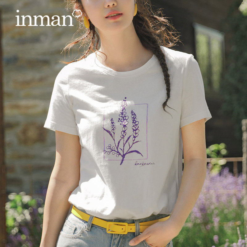 茵曼旗舰店显瘦短袖t恤女遮肉2020夏装新款白色纯棉全棉印花上衣
