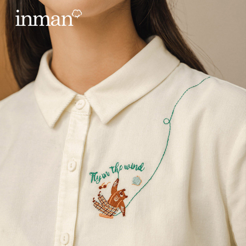 茵曼旗舰店纯棉长袖衬衫女2020春秋新款白色刺绣港风文艺全棉上衣