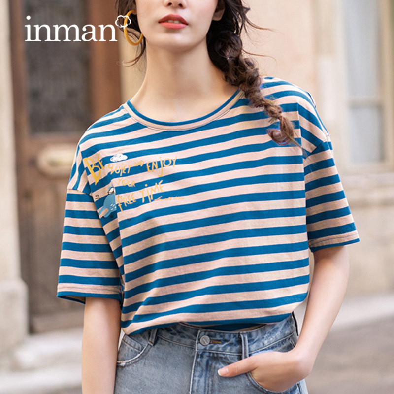 茵曼旗舰店条纹显瘦短袖t恤女遮肉2020夏装新款宽松纯棉全棉上衣
