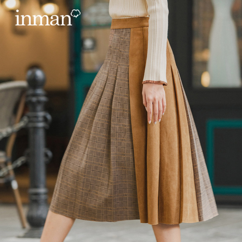 茵曼格子短款毛呢半身裙高腰百褶裙女秋冬褶皱显瘦a字短裙子时尚