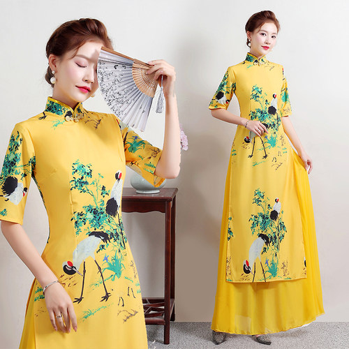 越南奥黛黄色舞台旗袍裙新款正宗