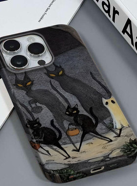 暗夜猫咪适用于苹果16PRO/11可爱小清新安卓IQOOZ8XVIVOX100PRO红米NOTE14PROPLUS小米12S镜面菲林硬壳手机壳