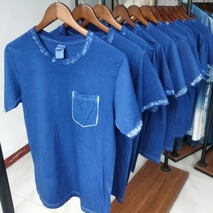 纯色T恤植物染草木染衣领刷蜡板蓝根染色靛蓝染纯棉口袋蜡染 包邮