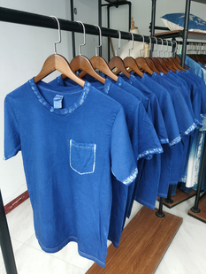 靛蓝染T恤植物染草木染衣领刷蜡板蓝根染色纯棉口袋非遗技艺 包邮