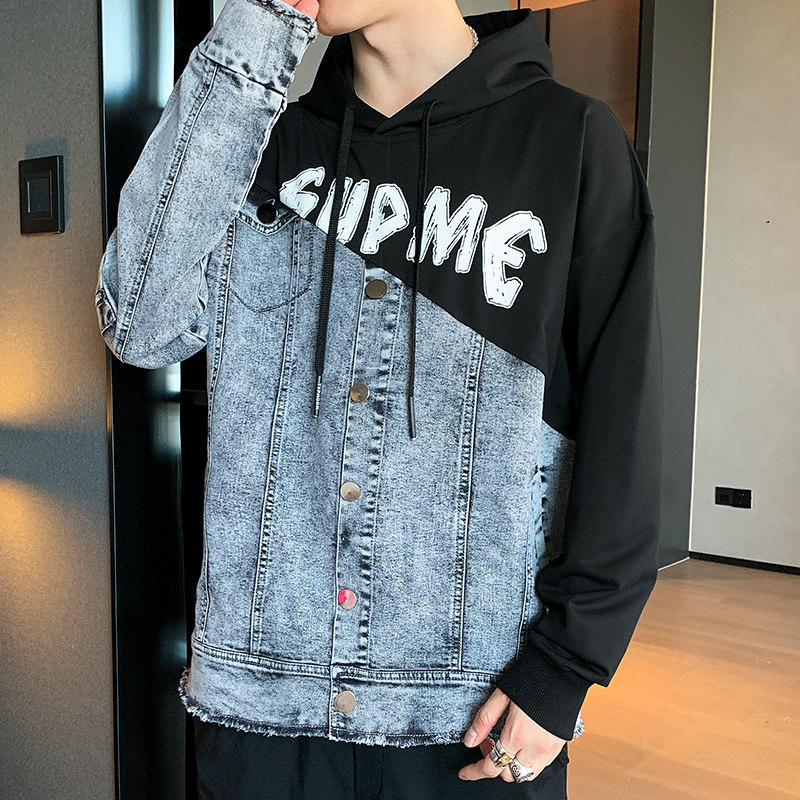 秋季牛仔卫衣拼接夹克外套男青少年潮流时尚款A074-A511,男装卫衣,星座210-1