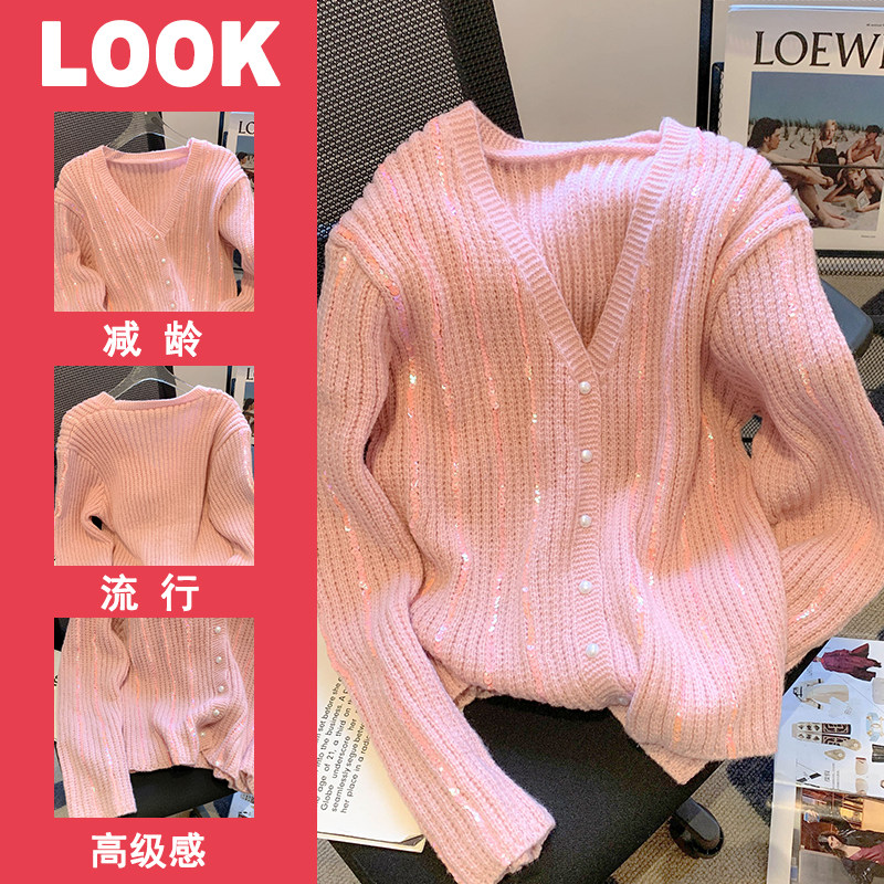 카운터 럭셔리 브랜드가 유출된 여성 의류 게으른 스타일의 브이넥 스웨터 재킷 가을 겨울 여성용 다재다능하고 시크한 니트 가디건을 선택합니다