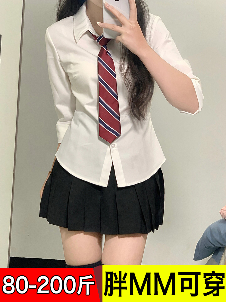 jk制服法式收腰衬衫女长袖春夏大码胖mm绑带修身显瘦衬衣别致上衣