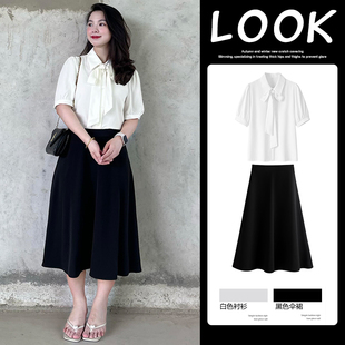 大码教资答辩面试套装女夏季小个子穿搭蝴蝶结白色衬衫职业OL通勤