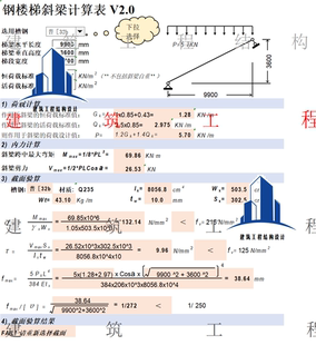 钢楼梯斜梁计算表 V2.0 【1) 荷载计算,2)内力计算;3) 截面验算】