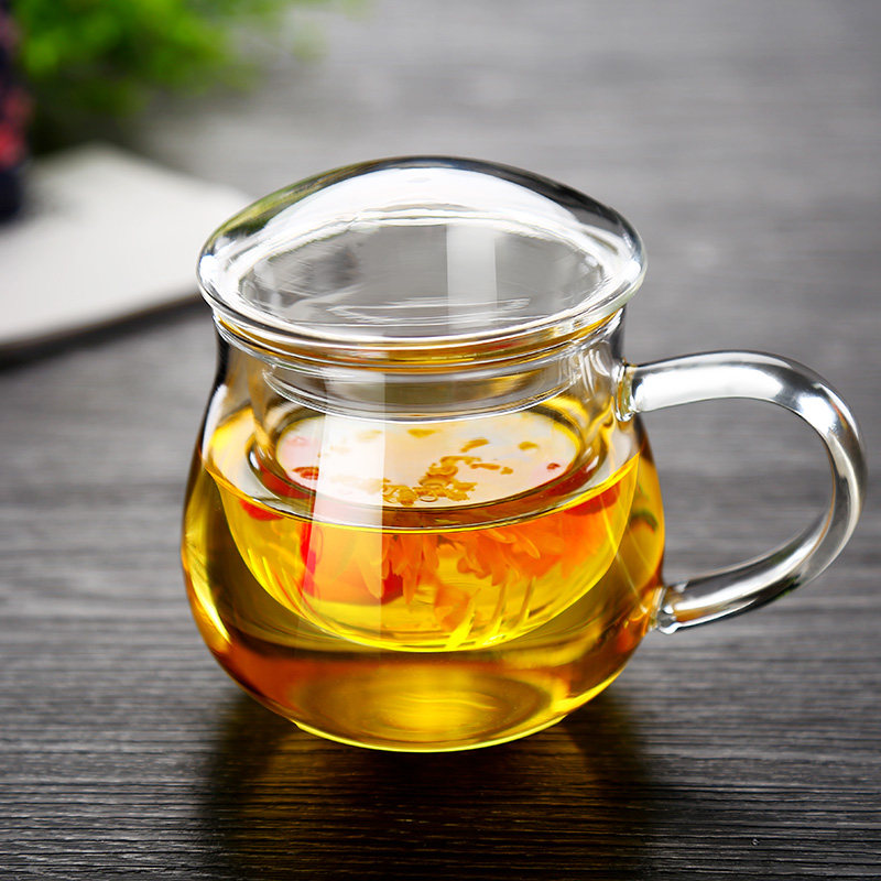 明尚德耐热玻璃杯茶水分离泡茶杯360ml带盖绿茶杯带把过滤三件杯