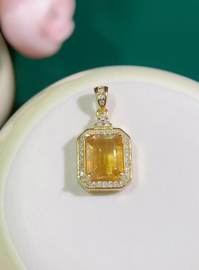 S925银天然黄水晶吊坠女式巴西水晶半宝石项坠金色挂坠日韩7x9mm