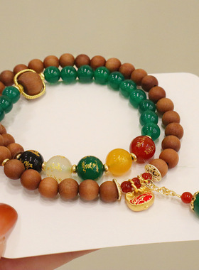 天然老料檀木手链绿玛瑙双圈手串珠链女新中式景区寺院爆款