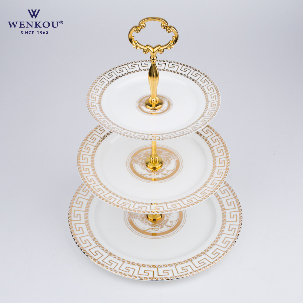 欧式创意出口高档金边骨瓷下午茶双层蛋糕点心盘家用水果盘干果