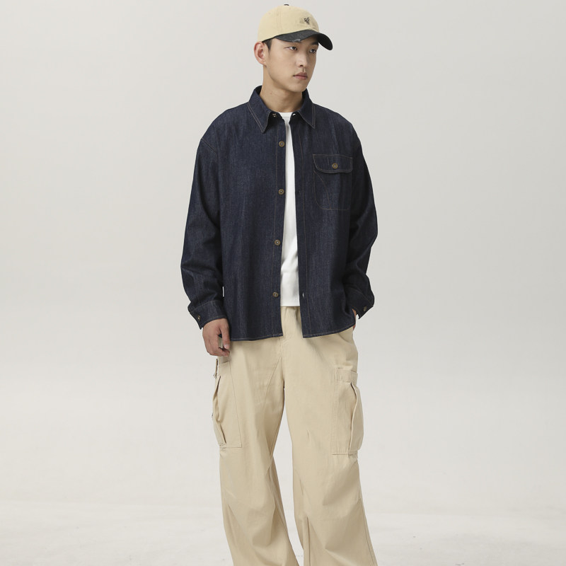 山一商店243CS09176日系撞色线水洗原色牛仔衬衫P95K128秋季,男装衬衫,电商S003
