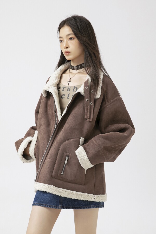 原B429山一商店-234MY00118经典斜门襟结构皮毛一体外套P200-K278,女装短外套,电商S003