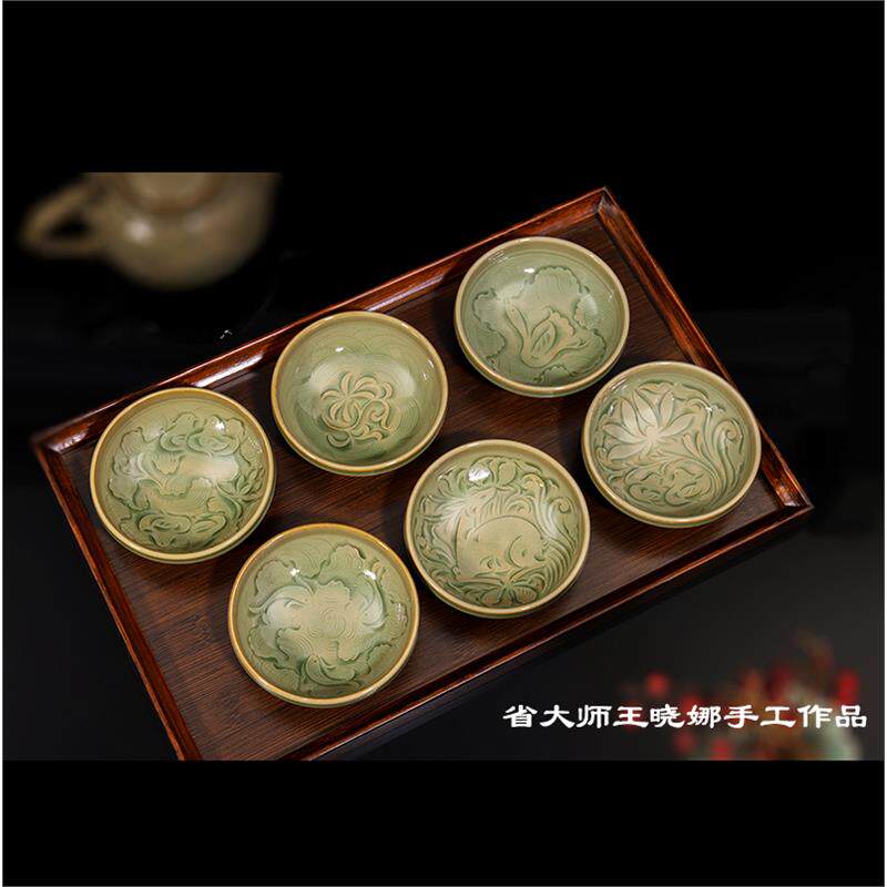 耀州窑手工青釉刻花直口盏功夫小茶杯品茗杯陶瓷茶具茶盏泡茶