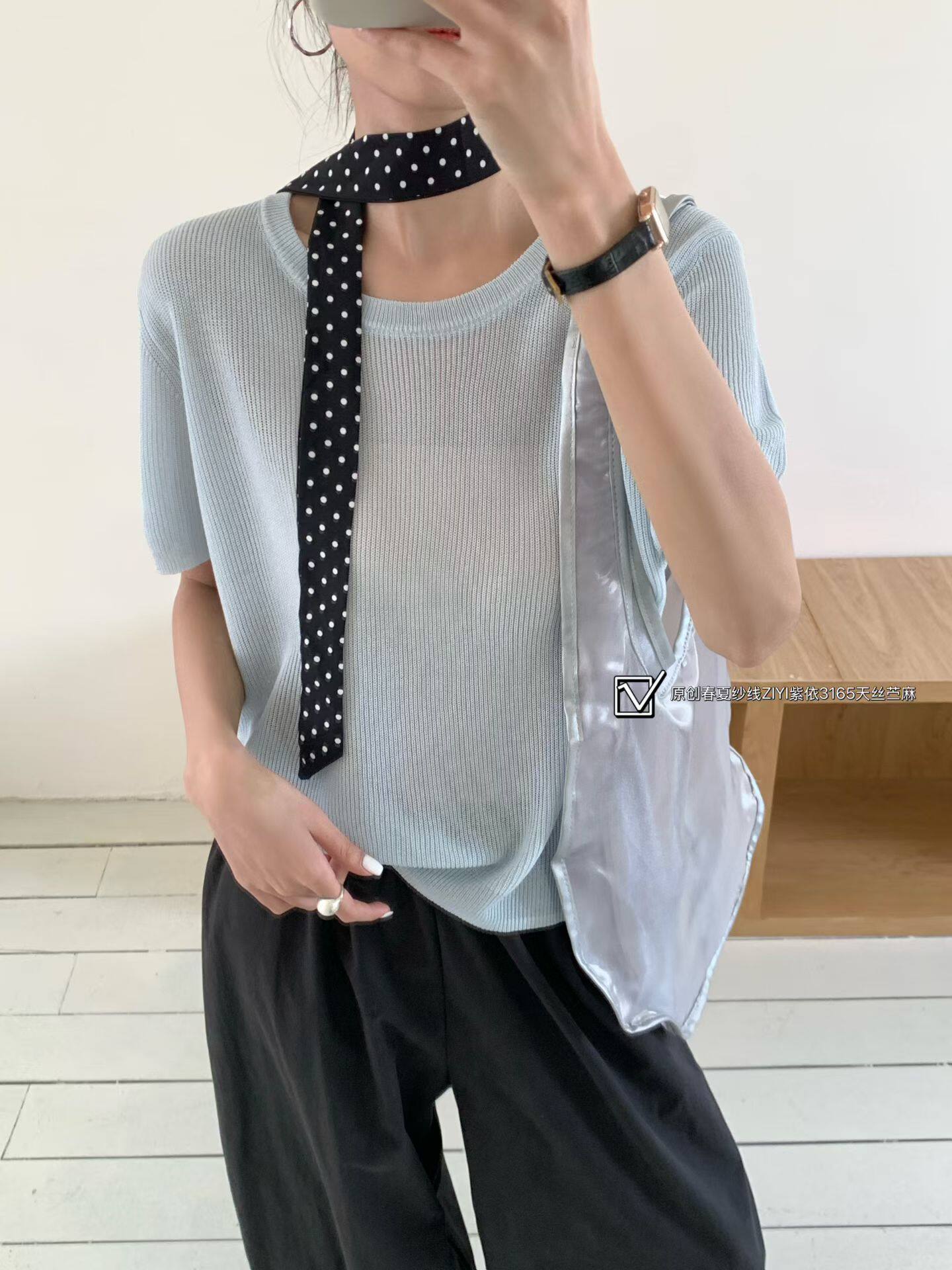紫依3165夏季新款韩系设计感丝巾圆领短袖针织衫宽松百搭显瘦上衣