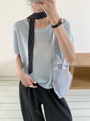 紫依3165夏季新款韩系设计感丝巾圆领短袖针织衫宽松百搭显瘦上衣