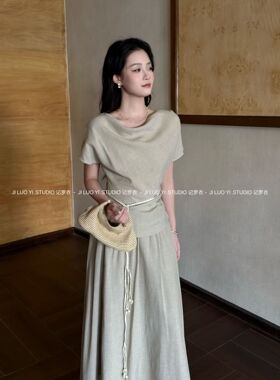 记罗衣法式慵懒风荡领短袖T恤女夏季新款高腰显瘦半身裙两件套