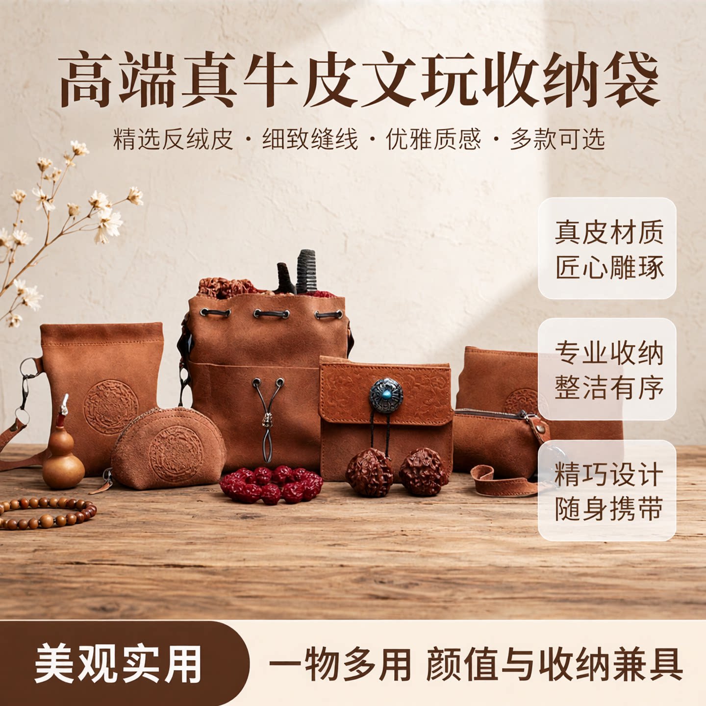 远山工精品真牛皮反绒文玩袋收纳图片