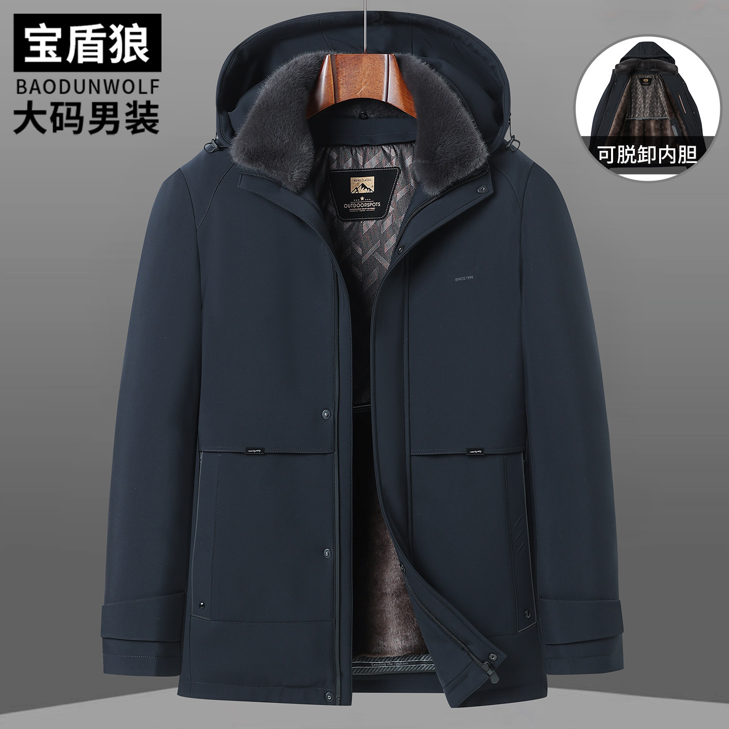 中老年大码男装可脱卸毛领棉服