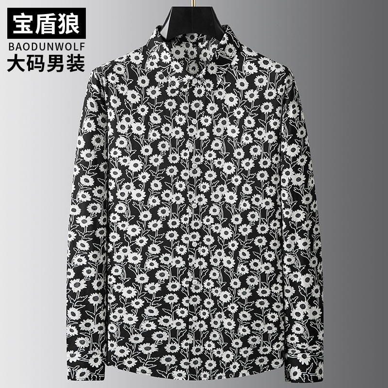 加肥加大碎花衬衣男士纯棉打底衫