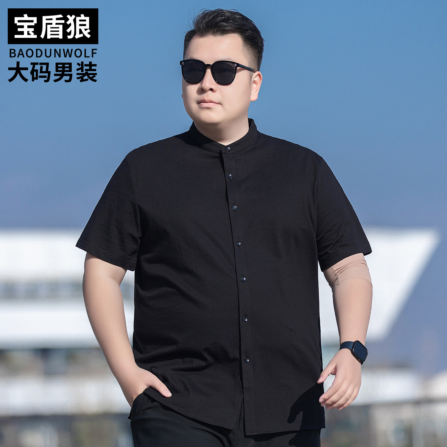 中国风立领棉麻短袖衬衫男大码夏季薄款中式上衣肥佬宽松亚麻衬衣