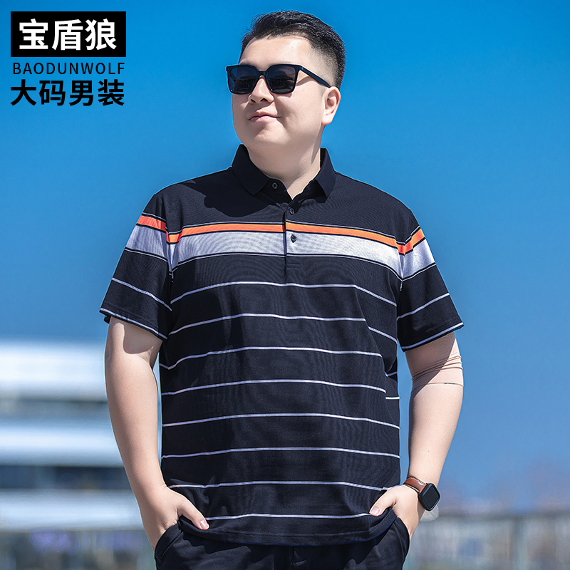 夏季薄款撞色短袖polo衫男式加大码上衣肥佬宽松条纹半袖棉质体恤
