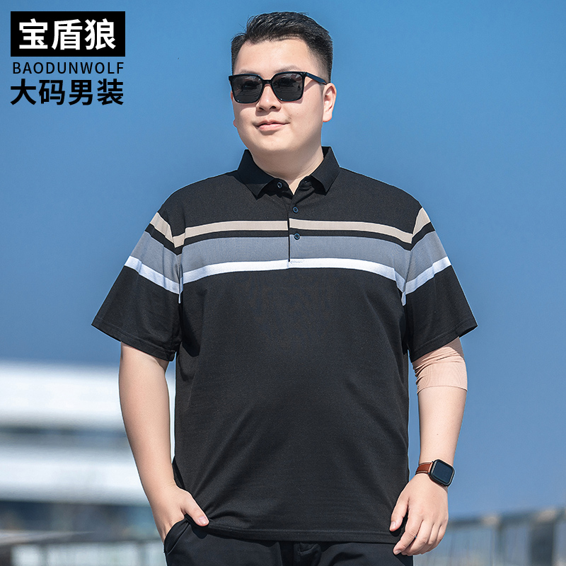 肥佬大肚子撞色条纹短袖polo衫男士夏款加肥大码翻领棉质半袖t恤