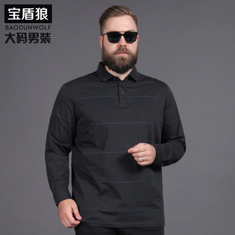 宝盾狼中老年加大码男条纹polo长袖衫加肥特大号肥佬宽松长袖t恤