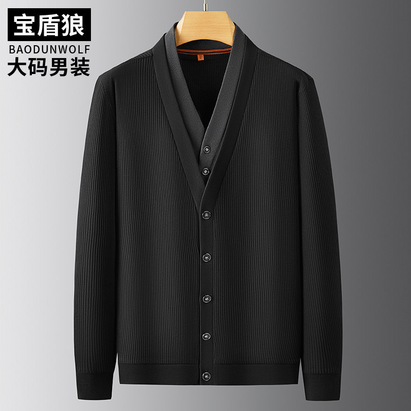 潮流针织假两件开衫男加肥加大码肥佬秋冬款宽松V领棉质毛衣外套