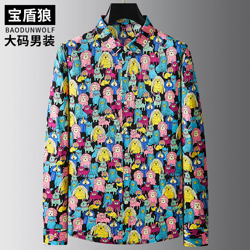 彩色碎花长袖衬衫男加肥纯棉上衣