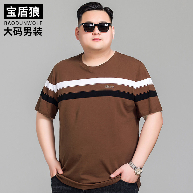 大码男士纯棉透气条纹短袖体恤加肥加大夏季薄款圆领套头半袖T恤