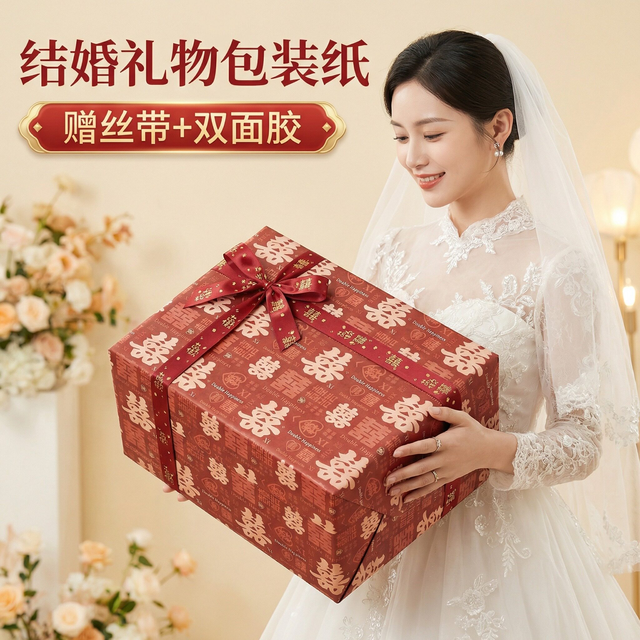 结婚礼物包装纸礼品红色纸加厚超大尺寸婚庆地推氛围抽奖盒婚礼抽奖生