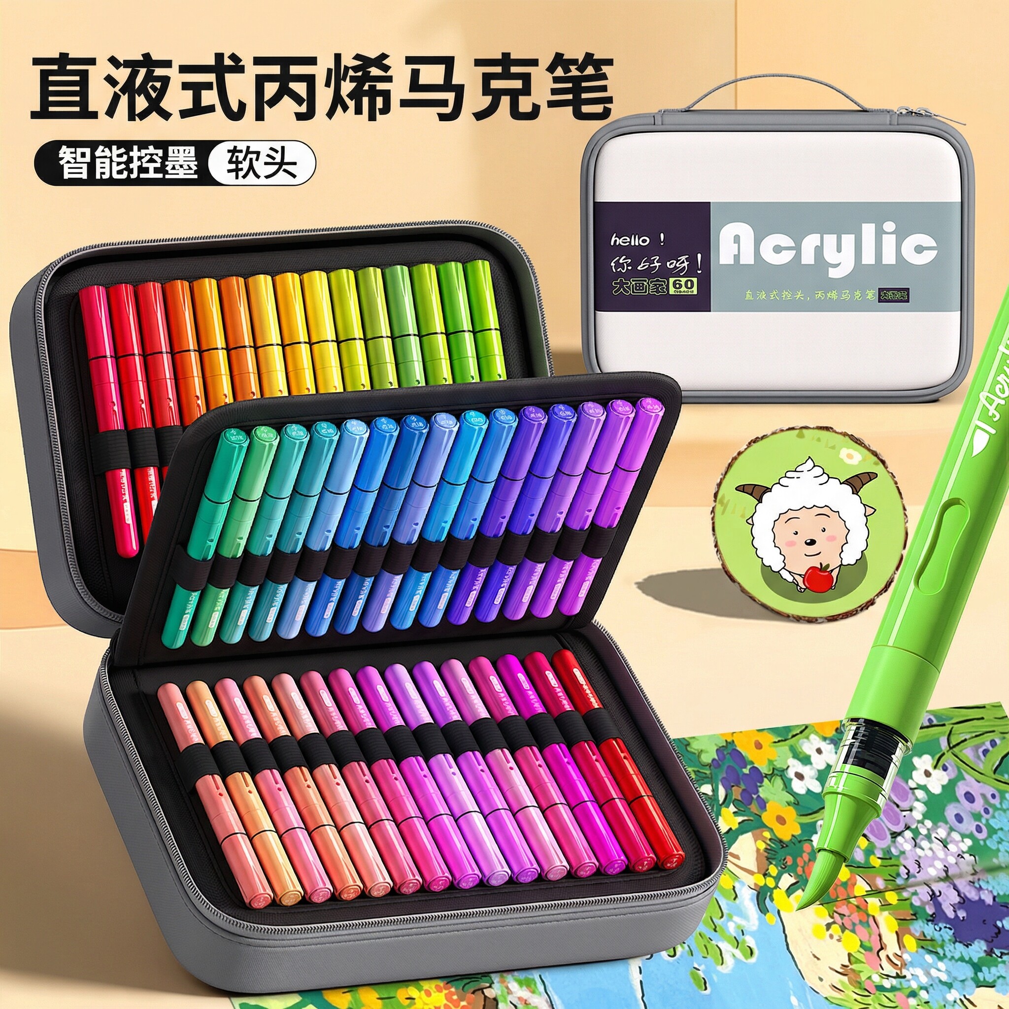 直液式丙烯马克笔软头绘画不透色可叠色初中生美术专用小学生画笔