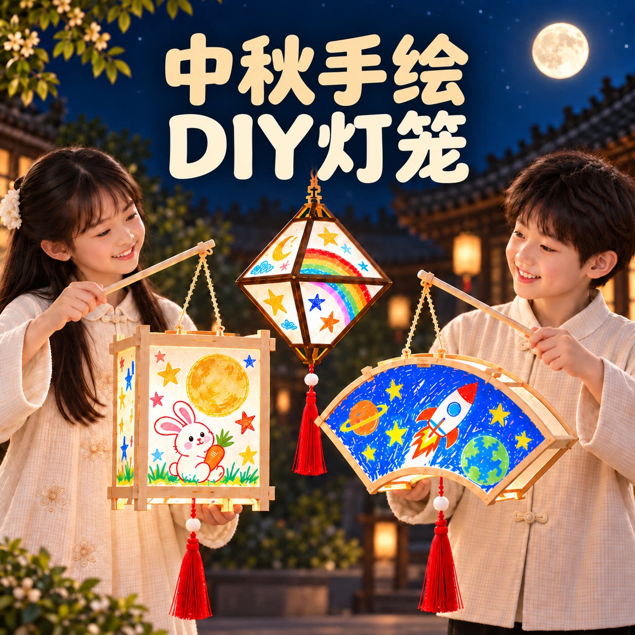 2026中秋节灯笼diy手工制作材料包创意儿童绘画款手提纸花灯宫灯