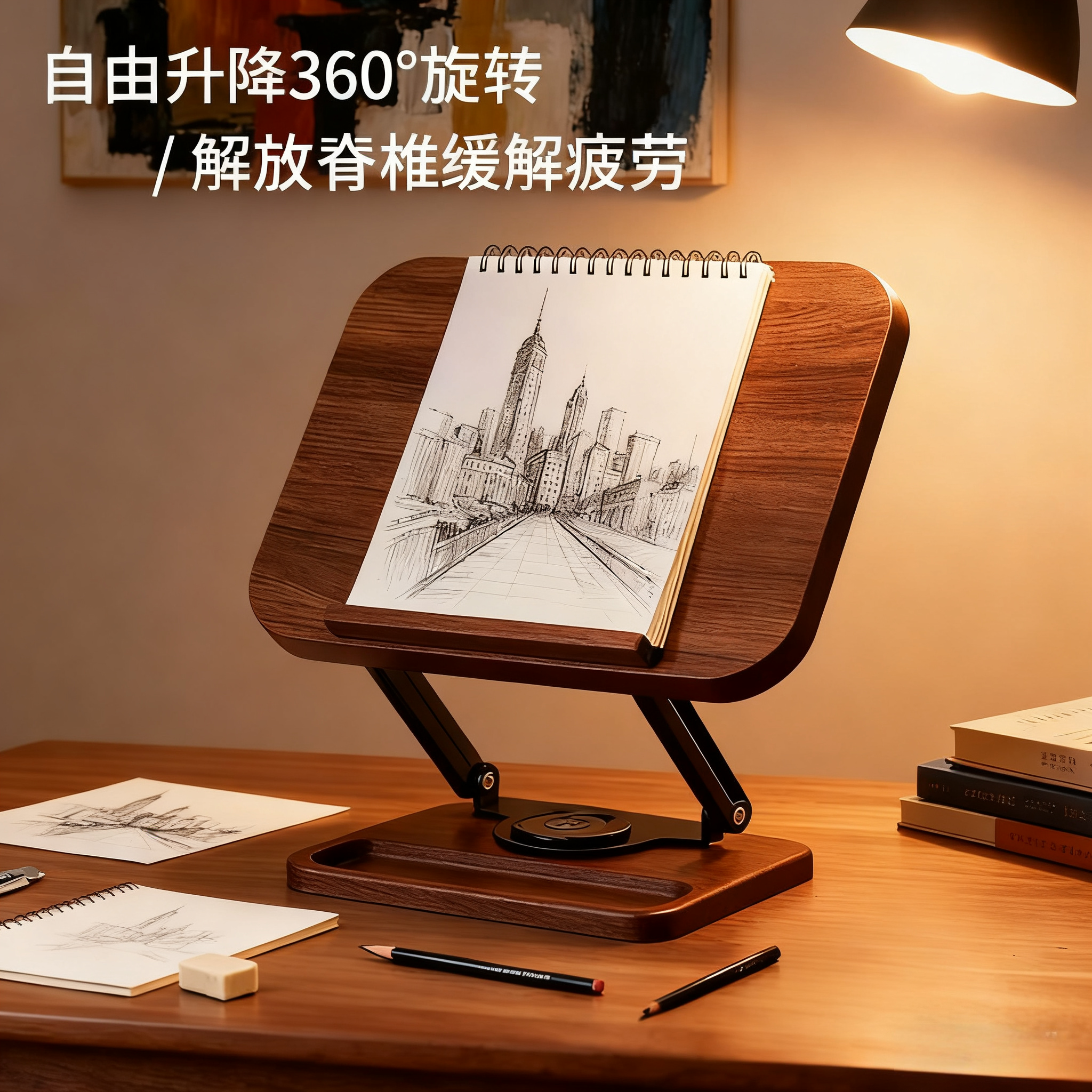 【复古色胡桃木书架】可旋转升降