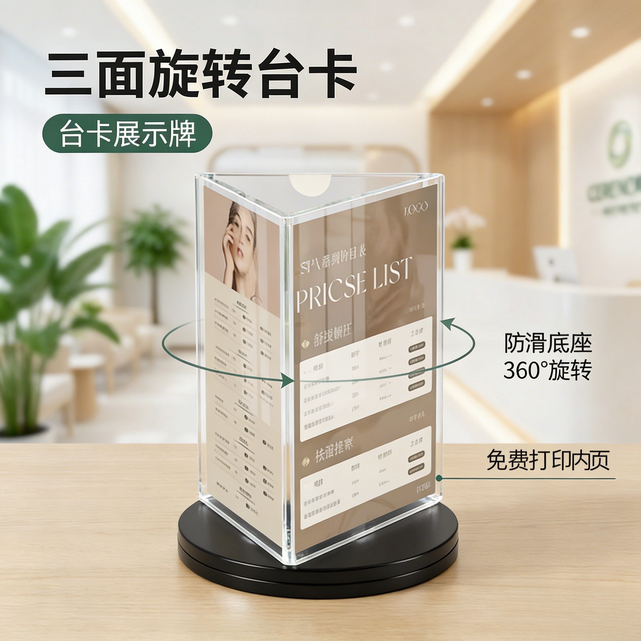 三面旋转台卡高品质酒水牌亚克力台卡架六面a4桌牌a5旋转餐牌菜单展示牌三角台牌桌面立牌价格水牌展示架餐厅