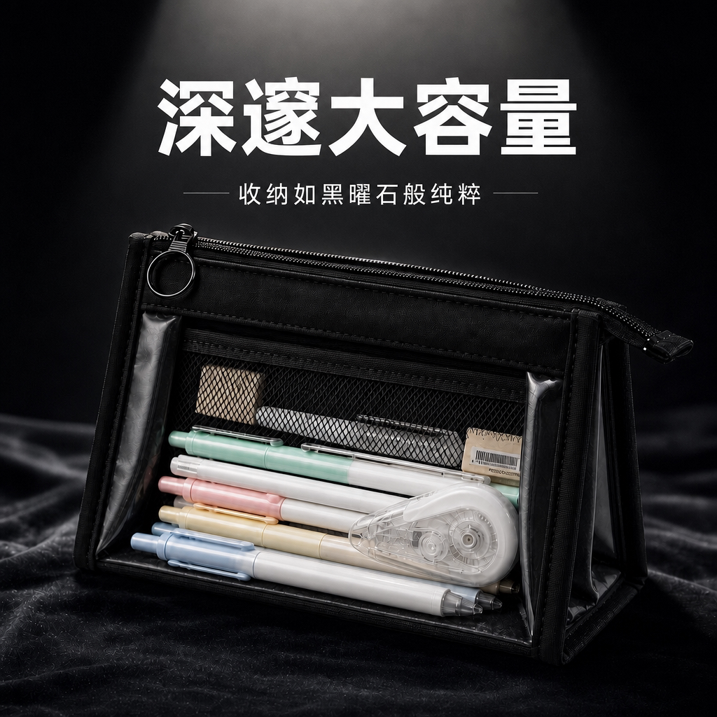 梯形超大容量笔袋透明立式黑色图片