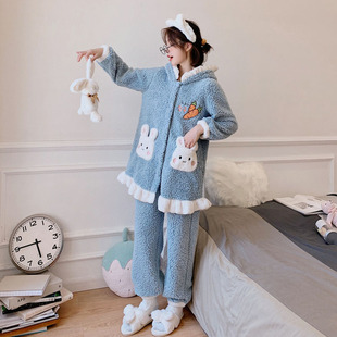 泡泡绒睡衣女2023年新款秋冬日系加厚可爱兔耳朵珊瑚绒家居服套装