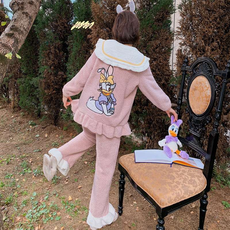 迪士尼唐老鸭羊羔绒睡衣秋冬女珊瑚绒sunny日系家居服套装可外穿