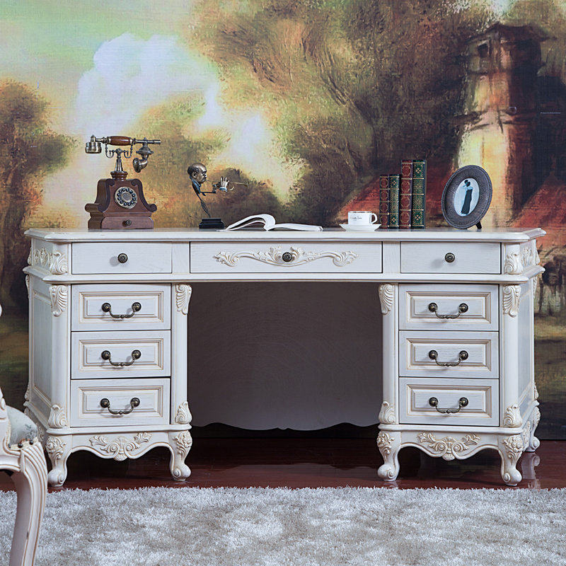 欧式家具美式象牙白做旧艾特利风格实木手工雕花弧形书桌写字台