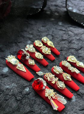 【201】爆闪3.8mm纯手工穿戴甲满钻红色系美甲