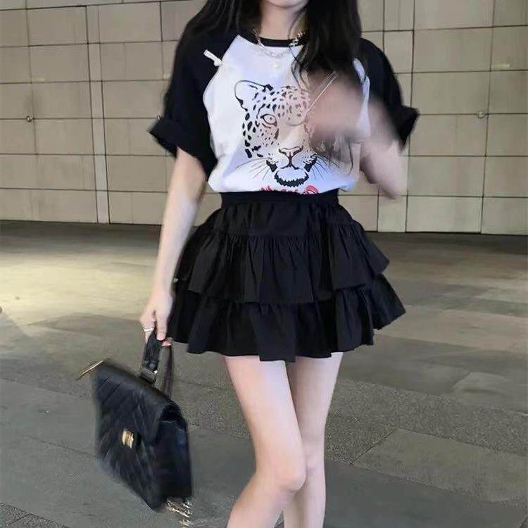 百搭蓬蓬裙甜美套装学生女童半身裙女孩子裙褶皱黑色短裙夏季蛋糕