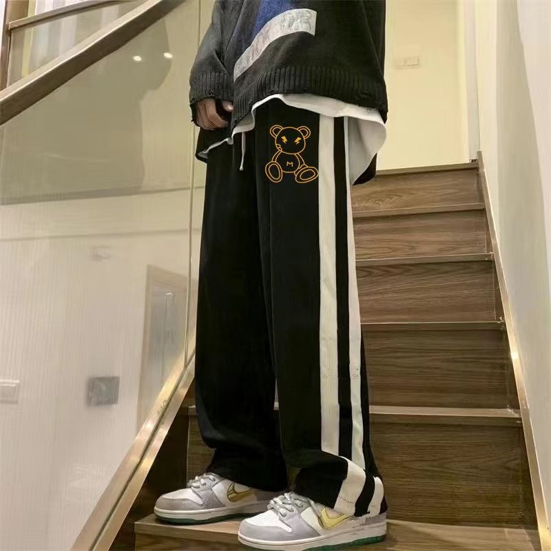 2025双杆阔脚裤口袋印花新款男女中大童裤子港风潮流宽松阔腿裤子