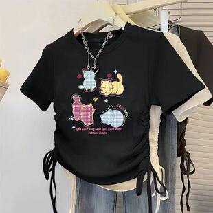 清仓外贸小狗猫咪印花中大童女童纯棉短袖t恤抽绳收腰显瘦上衣潮