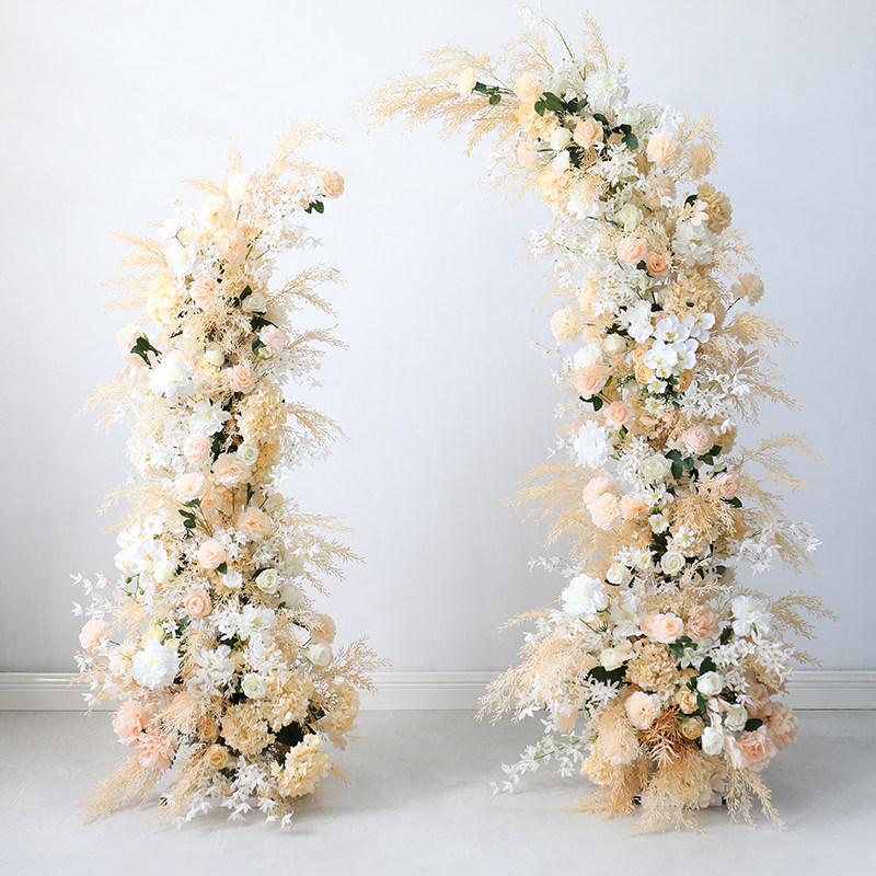婚礼活动装饰花架拱门香槟色店面入口落地迎宾花摄影背景仿真花卉