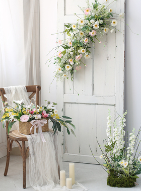 仿真花艺商业橱窗壁挂落地布置雪柳嫩芽虞美人插花模特摄影道具花