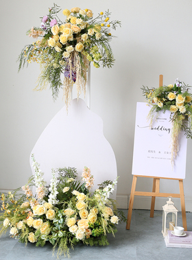 柠檬黄花艺场景布置结婚舞台壁挂花装饰迎宾拍照区仿真花排水牌花
